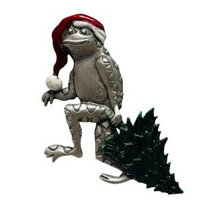 Vintage Signed JJ Pewter And Enamel Santa Frog With Christmas Tree Brooch
